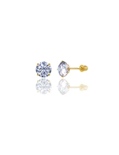 14K Yellow Gold 7MM Round CZ Screwback Stud Earrings><noscript><img width=